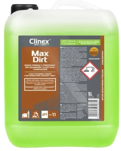 Nisko pieniący środek do usuwania tłustych zabrudzeń Max Dirt Clinex w opakowaniu o pojemności 5 litrów.