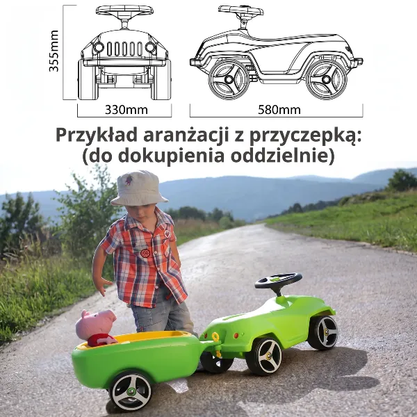 Zielony jeździk dla dzieci z przyczepką wymiary techniczne oraz zdjęcie zabawki w terenie.