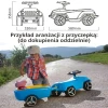 Niebieski jeździk dla dzieci z przyczepką, wymiary techniczne oraz zdjęcie zabawki w terenie.