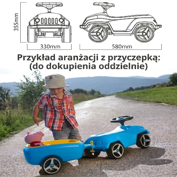 Niebieski jeździk dla dzieci z przyczepką, wymiary techniczne oraz zdjęcie zabawki w terenie.