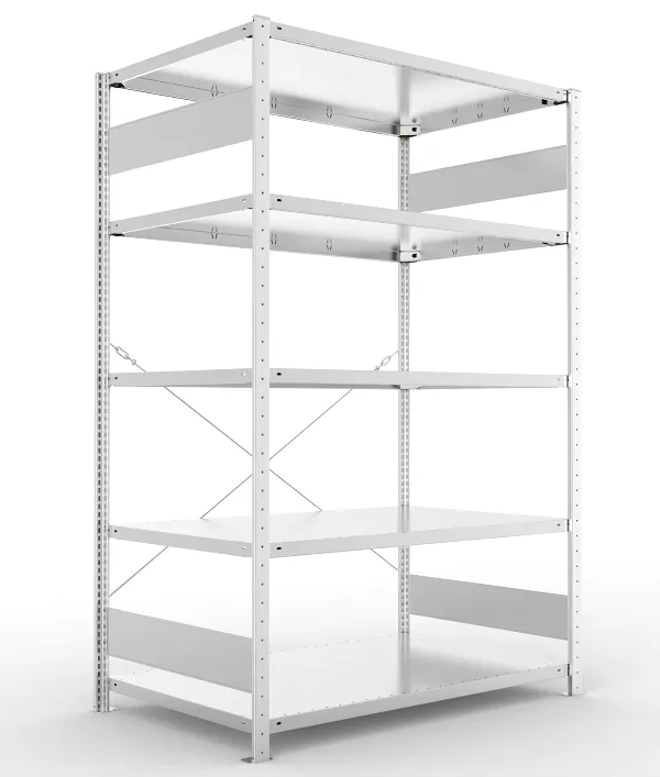 Regał magazynowy META CLIP S3 200x130x80 cm z blachy o grubości 2 mm, widok ogólny zestawu podstawowego.