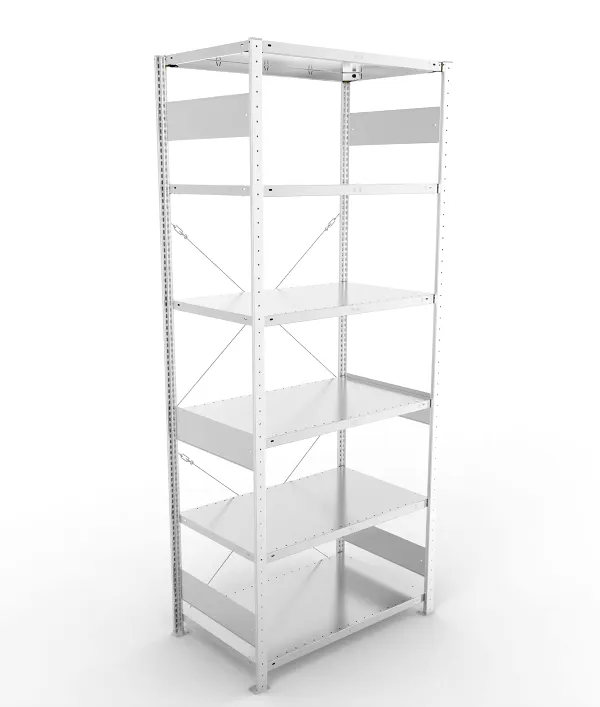 Regał magazynowy META CLIP S3 250x100x60 cm z blachy o grubości 2 mm, widok ogólny zestawu podstawowego.
