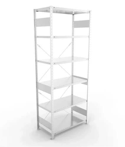 Regał magazynowy META CLIP S3 250x100x50 cm z blachy o grubości 2 mm, widok ogólny zestawu podstawowego.