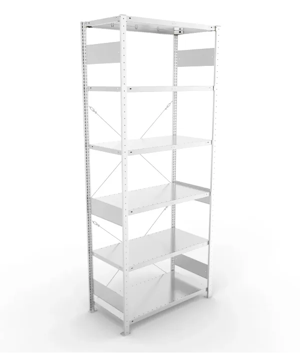 Regał magazynowy META CLIP S3 250x100x50 cm z blachy o grubości 2 mm, widok ogólny zestawu podstawowego.