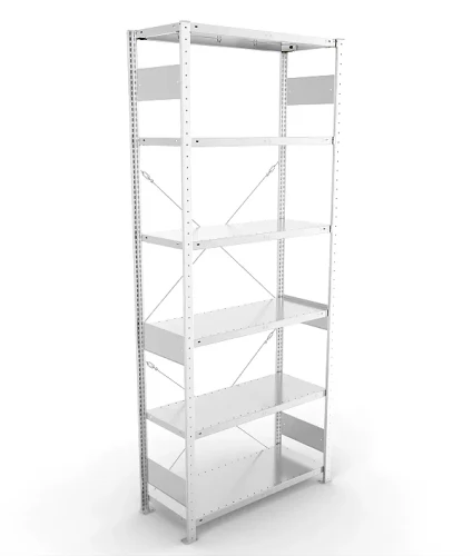 Regał magazynowy META CLIP S3 250x100x40 cm z blachy o grubości 2 mm, widok ogólny zestawu podstawowego.