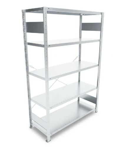 Regał magazynowy META CLIP S3 200x130x50 cm z blachy o grubości 2 mm, widok ogólny zestawu podstawowego.