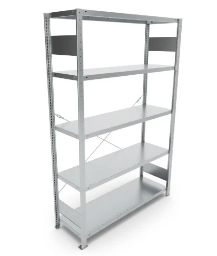 Regał magazynowy META CLIP S3 200x130x40 cm z blachy o grubości 2 mm, widok ogólny zestawu podstawowego.