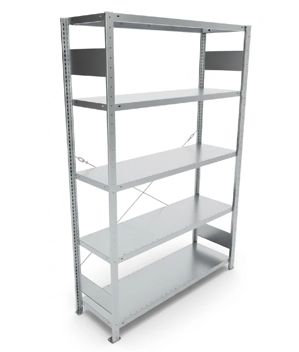Regał magazynowy META CLIP S3 200x130x40 cm z blachy o grubości 2 mm, widok ogólny zestawu podstawowego.