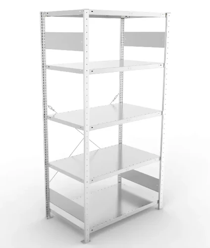Regał magazynowy META CLIP S3 200x100x60 cm z blachy o grubości 2 mm, widok ogólny zestawu podstawowego.