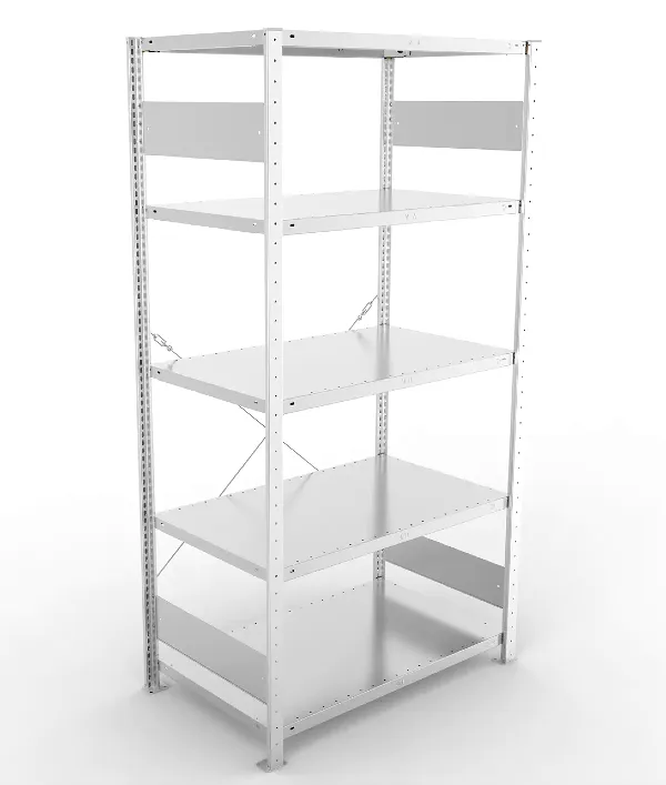 Regał magazynowy META CLIP S3 200x100x60 cm z blachy o grubości 2 mm, widok ogólny zestawu podstawowego.