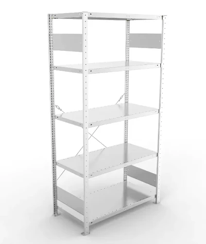 Regał magazynowy META CLIP S3 200x100x50 cm z blachy o grubości 2 mm, widok ogólny zestawu podstawowego.