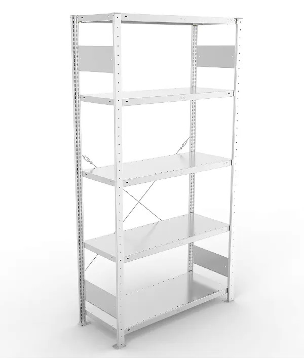 Regał magazynowy META CLIP S3 200x100x40 cm z blachy o grubości 2 mm, widok ogólny zestawu podstawowego.