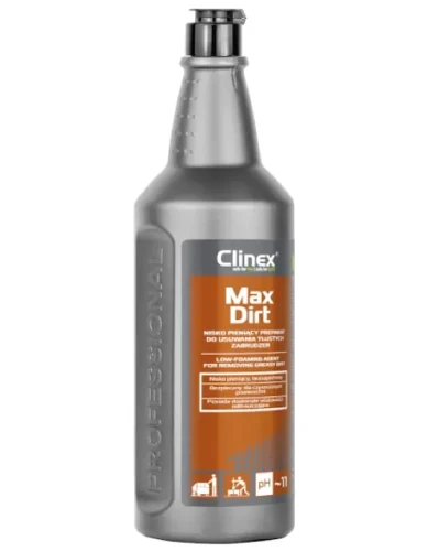 Środek do usuwania tłustych zabrudzeń Clinex Max Dirt - nisko pieniący, butelka o pojemności 1 litra.
