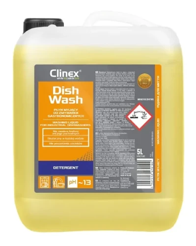 Profesjonalny płyn do zmywarek gastronomicznych Clinex Dish Wash w kanistrze o pojemności 5 litrów.
