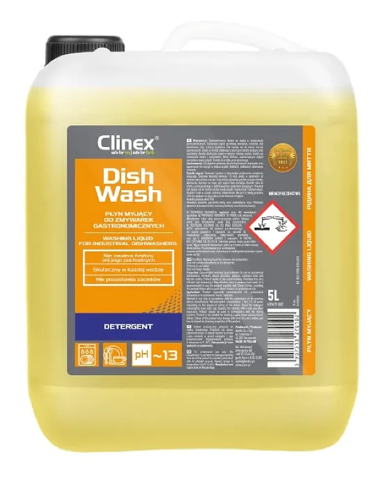 Profesjonalny płyn do zmywarek gastronomicznych Clinex Dish Wash w kanistrze o pojemności 5 litrów.