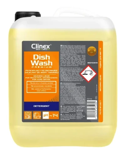 Profesjonalny płyn do zmywarki do wody twardej Clinex Dish Wash Premium w butli o pojemności 5 litrów.