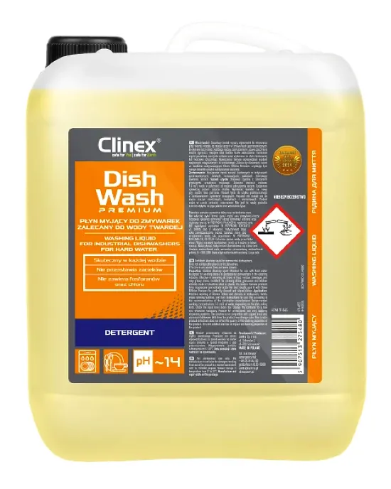 Profesjonalny płyn do zmywarki do wody twardej Clinex Dish Wash Premium w butli o pojemności 5 litrów.