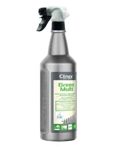 Ekologiczny środek do czyszczenia powierzchni Clinex Green Multi o uniwersalnym zastosowaniu w butelce o pojemności 1 litra  z atomizerem.