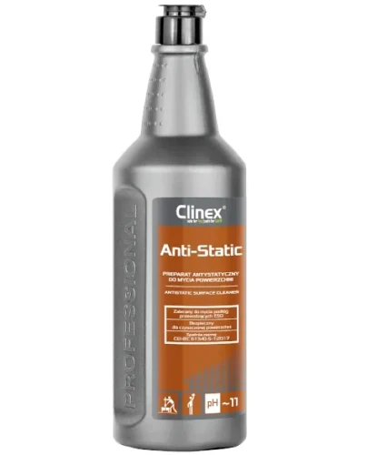 Antystatyczny płyn do mycia powierzchni Clinex Anti-Static w plastikowej butelce o pojemności 1 litra.
