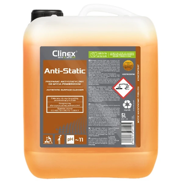 Antystatyczny środek do mycia podłóg przewodzących ESD Clinex Anti Static w kanistrze 5 litrów.