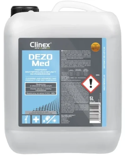 Clinex DEZO Med - bezalkoholowy środek do czyszczenia i dezynfekcji powierzchni oraz narzędzi w kanistrze o pojemności 5 litrów.