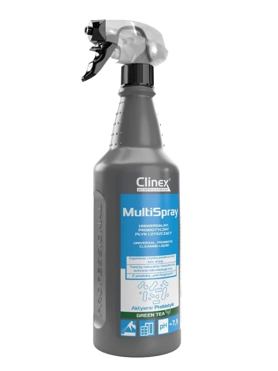 Clinex Multi Spray - probiotyczny, uniwersalny środek do codziennego sprzątania o zapachy zielonej herbaty w butelce 1 L z atomizerem.