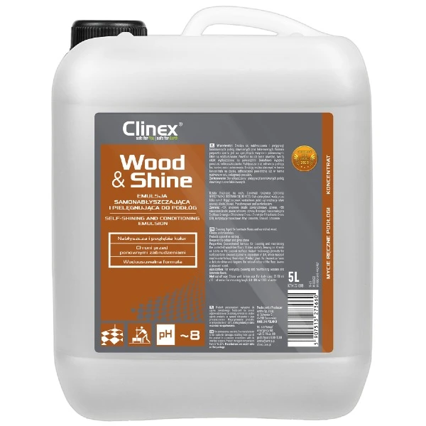 Emulsja do paneli podłogowych Clinex Wood & Shine to profesjonalny preparat samonabłyszczający i pielęgnujący przeznaczony do drewnianych posadzek laminowanych i lakierowanych, butelka 5 litrów.