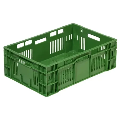 Pojemnik plastikowy z perforacjami, idealny do transportu owoców i warzyw oraz do wyposażenia regałów sklepowych 600x400x200 mm.