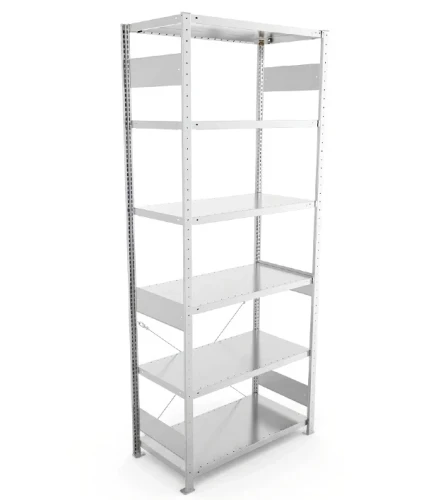 Regał magazynowy META CLIP S3 250x100x50 cm z blachy o grubości 2 mm, widok ogólny zestawu podstawowego.