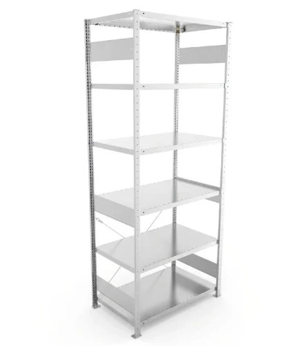 Regał magazynowy META CLIP S3 250x100x60 cm z blachy o grubości 2 mm, widok ogólny zestawu podstawowego.