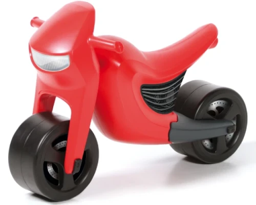 Czerwony jeździk dla dziecka Brumee Speedee w kształcie sportowego motorka do odpychania.