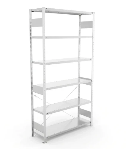 Regał magazynowy META CLIP S3 250x130x40 cm z blachy o grubości 2 mm, widok ogólny zestawu podstawowego.