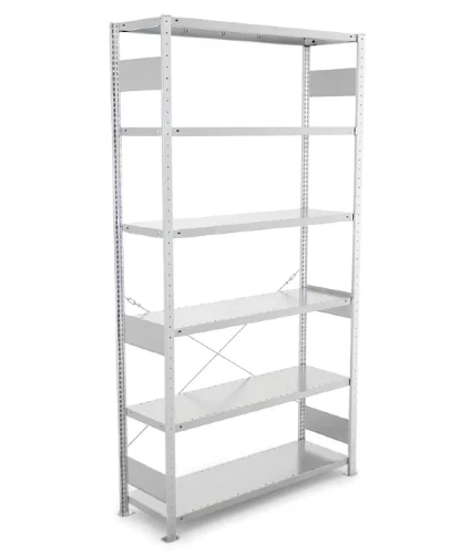 Regał magazynowy META CLIP S3 250x130x40 cm z blachy o grubości 2 mm, widok ogólny zestawu podstawowego.