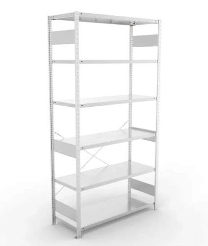 Regał magazynowy META CLIP S3 250x130x50 cm z blachy o grubości 2 mm, widok ogólny zestawu podstawowego.