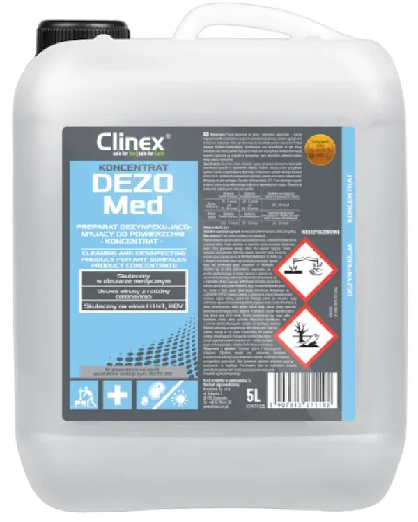 Clinex DEZOMed koncentrat do mycia i dezynfekcji powierzchni mających kontakt z żywnością, w miejscach użyteczności publicznej, obszarze ogólnym oraz w obszarze medycznym, butla o pojemności 5 litrów.