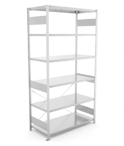 Regał magazynowy META CLIP S3 250x130x60 cm z blachy o grubości 2 mm, widok ogólny zestawu podstawowego.