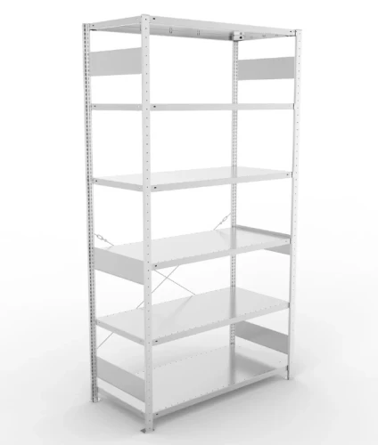 Regał magazynowy META CLIP S3 230x130x60 cm z blachy o grubości 2 mm, widok ogólny zestawu podstawowego.