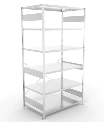 Regał magazynowy META CLIP S3 250x130x80 cm z blachy o grubości 2 mm, widok ogólny zestawu podstawowego.