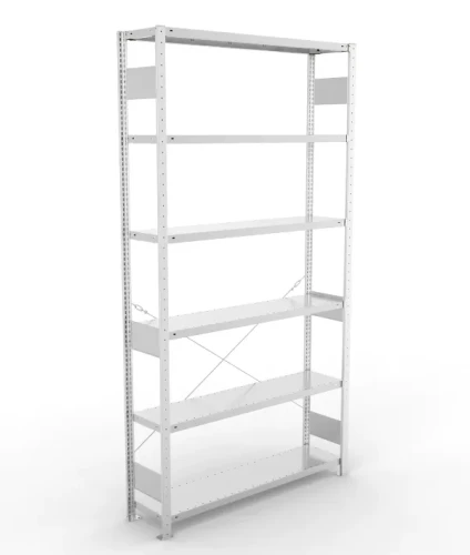 Regał magazynowy META CLIP S3 250x130x30 cm z blachy o grubości 2 mm, widok ogólny zestawu podstawowego.