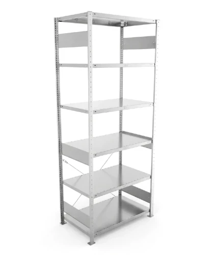 Regał magazynowy META CLIP S3 250x100x60 cm z blachy o grubości 2 mm, widok ogólny zestawu podstawowego.