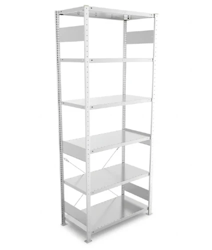 Regał magazynowy META CLIP S3 250x100x50 cm z blachy o grubości 2 mm, widok ogólny zestawu podstawowego.