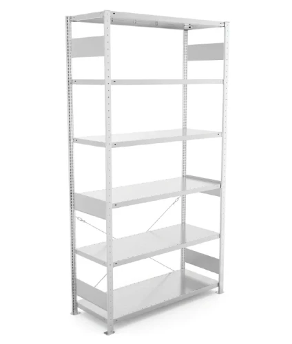 Regał magazynowy META CLIP S3 250x130x50 cm z blachy o grubości 2 mm, widok ogólny zestawu podstawowego.