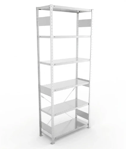 Regał magazynowy META CLIP S3 250x100x40 cm z blachy o grubości 2 mm, widok ogólny zestawu podstawowego.