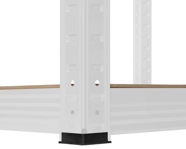 Regał magazynowy 180x90x40 cm w kolorze białym – zbliżenie na ochronne nakładki na nóżki.