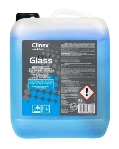 Clinex PROFIT Glass środek do mycia szyb, luster, kryształów, powierzchni emaliowanych, laminowanych oraz elementów ze stali nierdzewnej. Butelka 5 litrów.