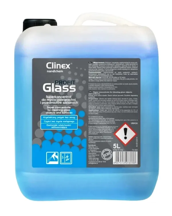 Clinex PROFIT Glass środek do mycia szyb, luster, kryształów, powierzchni emaliowanych, laminowanych oraz elementów ze stali nierdzewnej. Butelka 5 litrów.