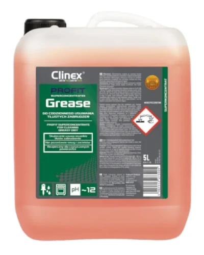 Clinex PROFIT Grease - skoncentrowany środek do Usuwania Tłustych Zabrudzeń, np: do czyszczenia urządzeń gastronomicznych, blatów, pieców, okapów kuchennych oraz innych powierzchni zmywalnych. Opakowanie: butelka o pojemności 5 L.
