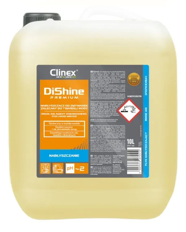 Clinex DiShine Premium – profesjonalny płyn nabłyszczający do zmywarek gastronomicznych. Opakowanie: kanister 10 litrów.