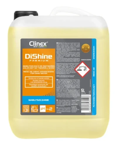 Clinex DiShine Premium – profesjonalny płyn nabłyszczający do zmywarek gastronomicznych, butla o pojemności 5 litrów.