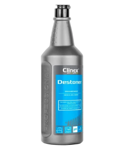Clinex Destoner – profesjonalny odkamieniacz. Środek do odkamieniania urządzeń gastronomicznych i pralek w płynie, butelka o pojemności 1 L.